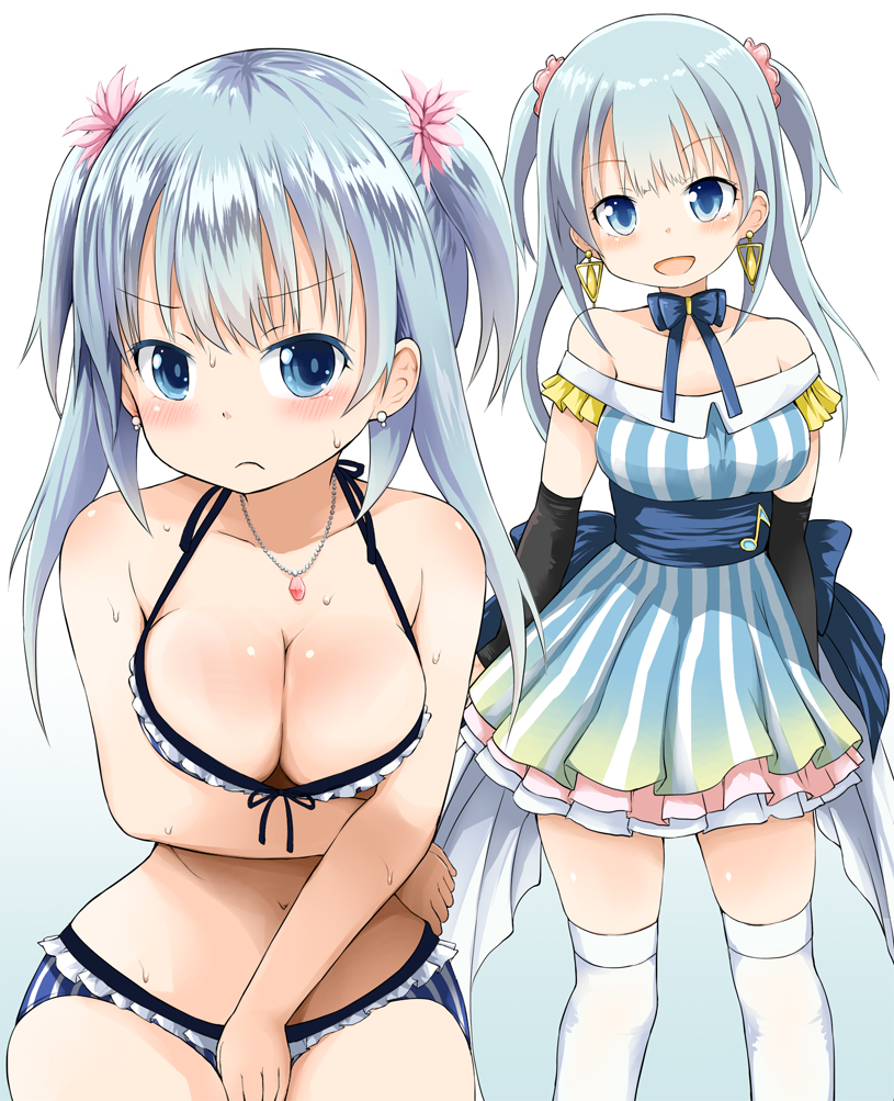 >:(, 1girl, :d, arm_under_breasts, arm_warmers, bangs, bare_arms, bare_shoulders, bikini, blue_background, blue_bikini, blue_dress, blue_eyes, blue_hair, blush, breast_hold, breasts, cleavage, closed_mouth, collarbone, commentary_request, covering, covering_crotch, dress, earrings, eyebrows_visible_through_hair, flower, frilled_bikini, frills, fujisaka_lyric, gradient, gradient_background, hair_flower, hair_ornament, head_tilt, jewelry, long_hair, looking_at_viewer, magia_record:_mahou_shoujo_madoka_magica_gaiden, mahou_shoujo_madoka_magica, medium_breasts, minami_rena, multiple_views, open_mouth, pendant, pink_flower, pleated_dress, smile, striped, swimsuit, thigh-highs, two_side_up, v-shaped_eyebrows, vertical-striped_bikini, vertical-striped_dress, vertical_stripes, white_background, white_legwear