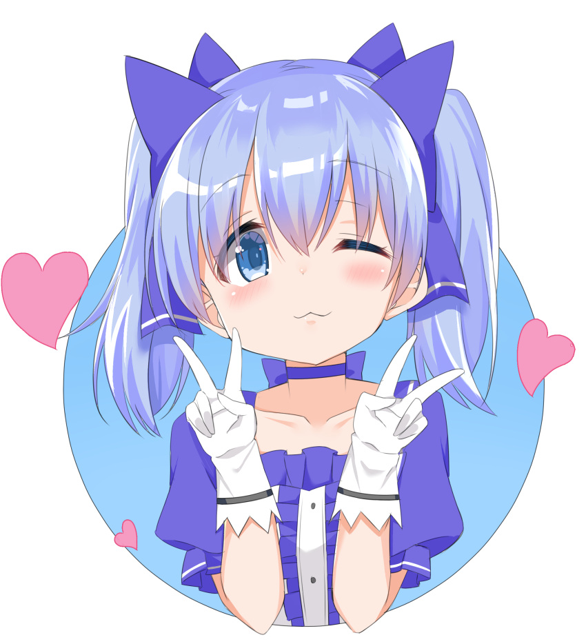 1girl, ;3, bangs, blue_background, blue_bow, blue_choker, blue_eyes, blue_hair