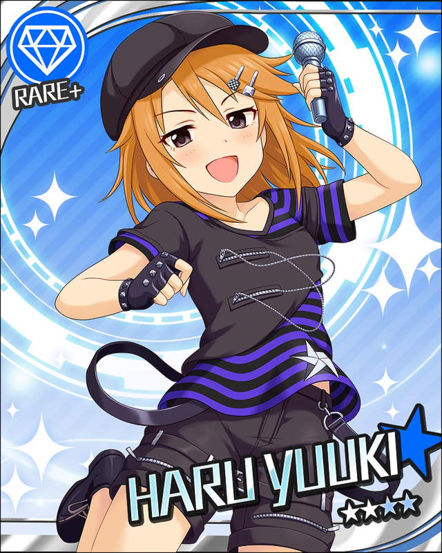 blush, brown_eyes, brown_har, cap, character_name, gloves, idolmaster, idolmaster_cinderella_girls, shirt, short_hair, shorts, smile, stars, yuuki_haru
