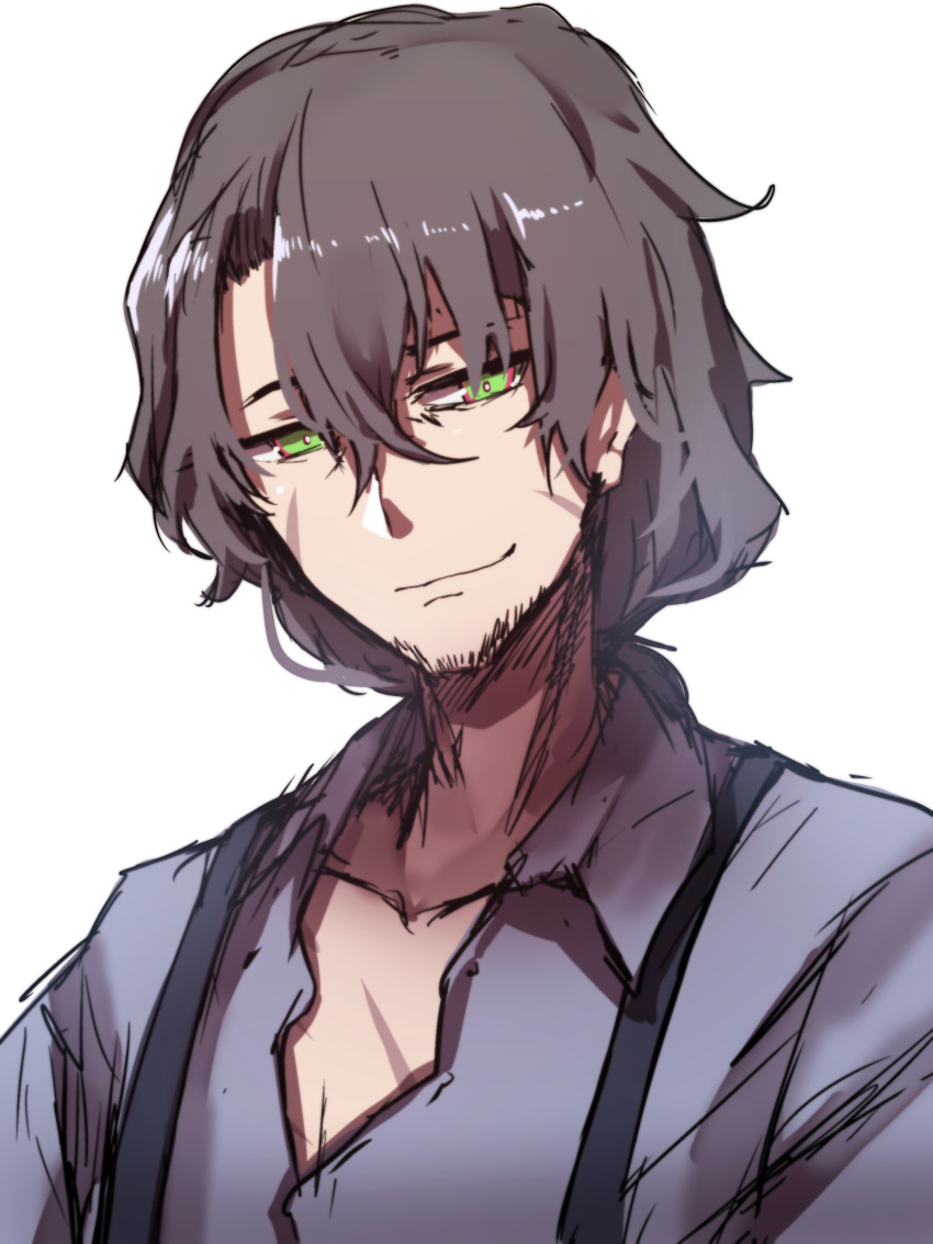 1boy, absurdres, bangs, blue_shirt, brown_hair, closed_mouth, collarbone, collared_shirt