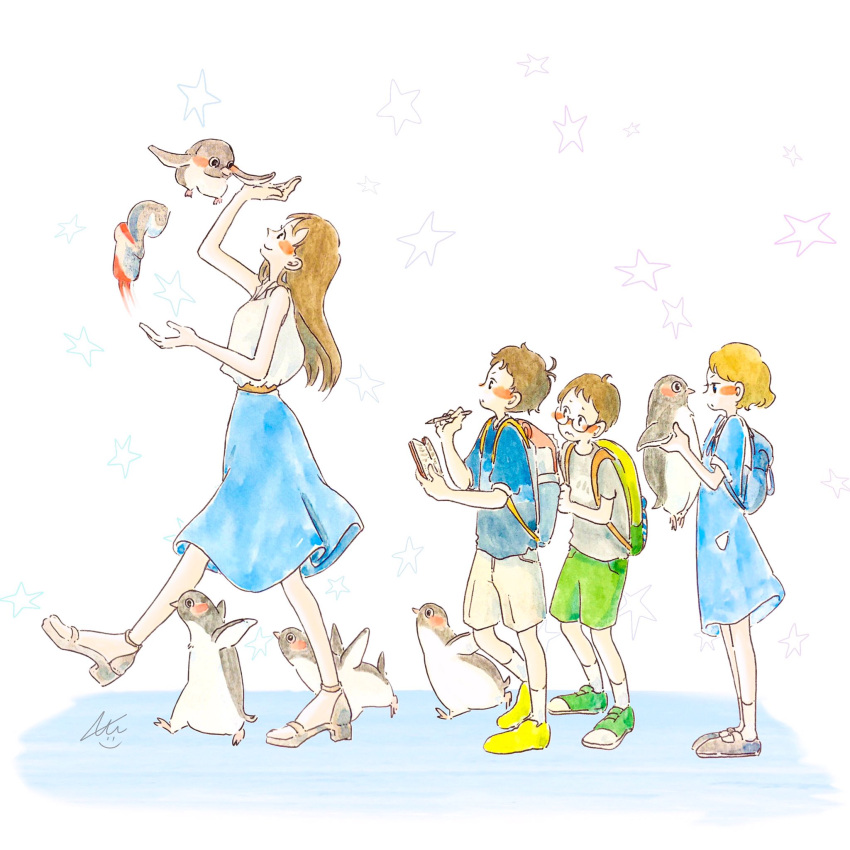 2boys, 2girls, aoyama-kun_(penguin_highway), backpack, bag, bird, blue_dress, blue_skirt