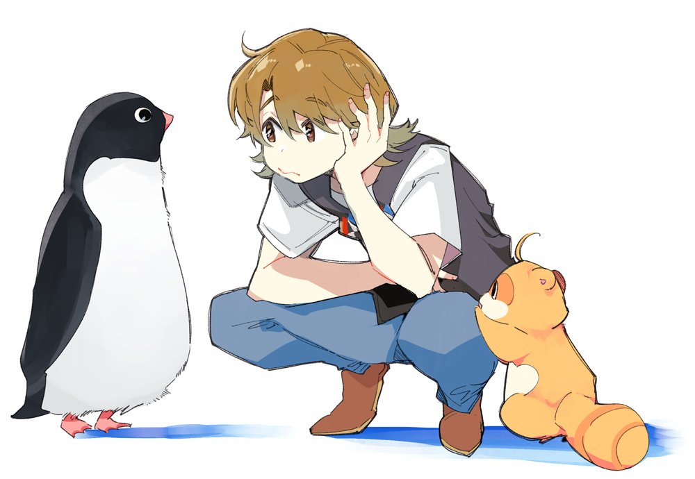 1boy, ahoge, bird, brown_eyes, brown_hair, chin_rest, closed_mouth, creator_connection, crossover, denim, jeans, looking_at_another, pants, penguin, penguin_highway, shadow, shimogamo_yasaburou, shimogamo_yashirou, simple_background, tanuki, uchouten_kazoku, vest, white_background, yamamoto_tomomitsu