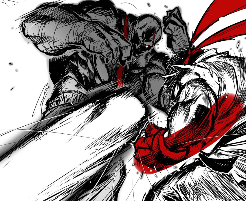 gar, glowing_eye, jpeg_artifacts, male, manly, monochrome, red, ryu