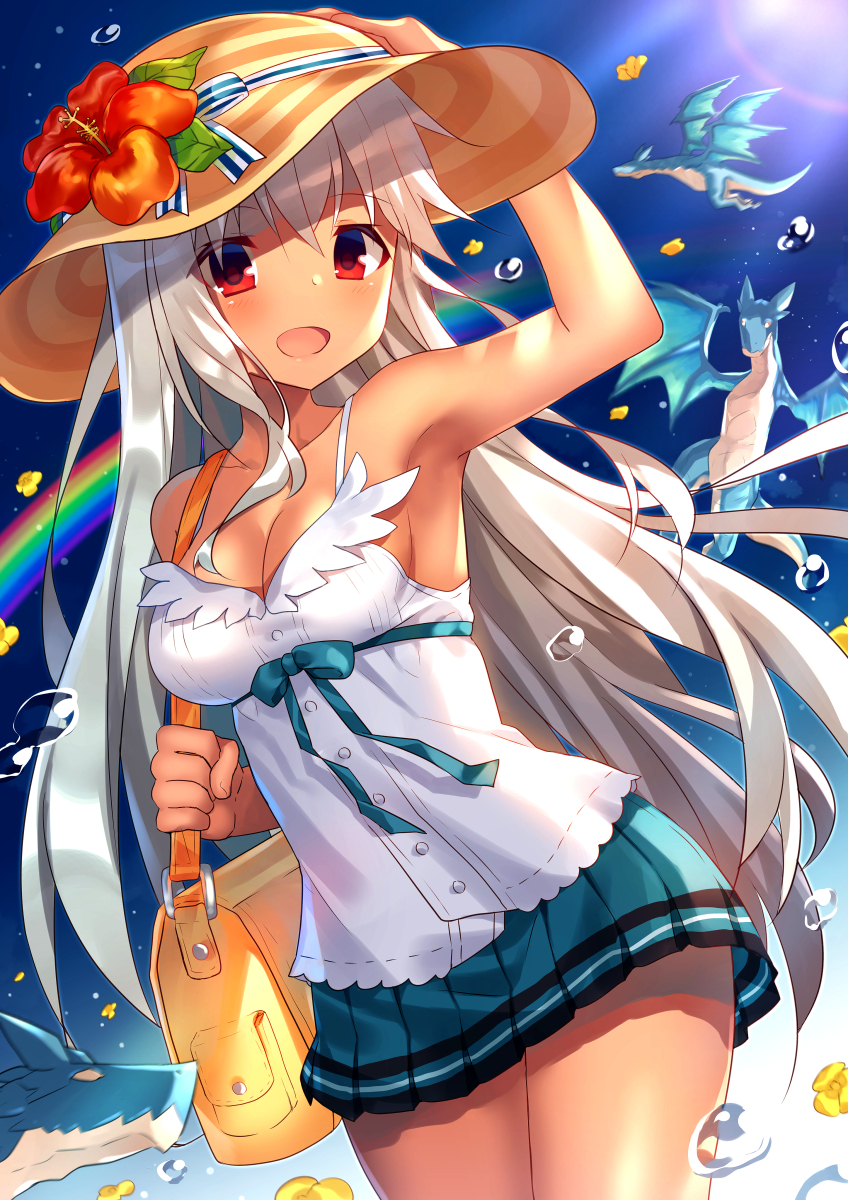 1girl, bangs, bare_thighs, blue_miniskirt, blue_skirt, blush, breasts, craytm, dark_skin, eyebrows_visible_through_hair, granblue_fantasy, hand_on_hat, hat, highres, legs, legs_together, long_bangs, long_hair, looking_at_viewer, medium_breasts, miniskirt, open_eyes, open_mouth, red_eyes, skirt, solo, thighs, white_hair, zooey_(granblue_fantasy)