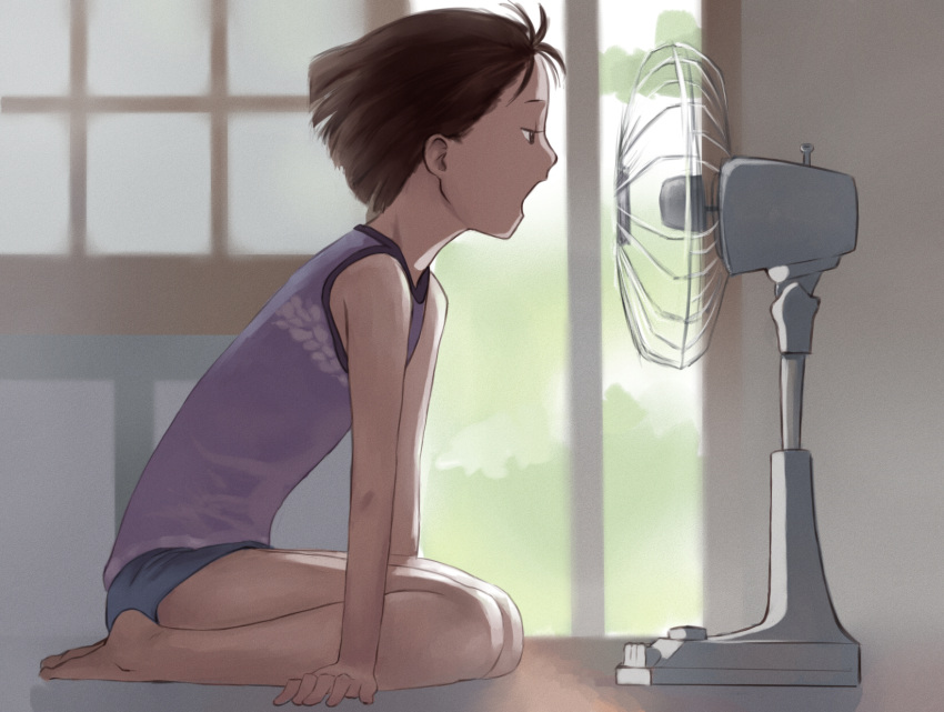 1girl, backlighting, barefoot, brown_eyes, brown_hair, commentary_request, day, electric_fan