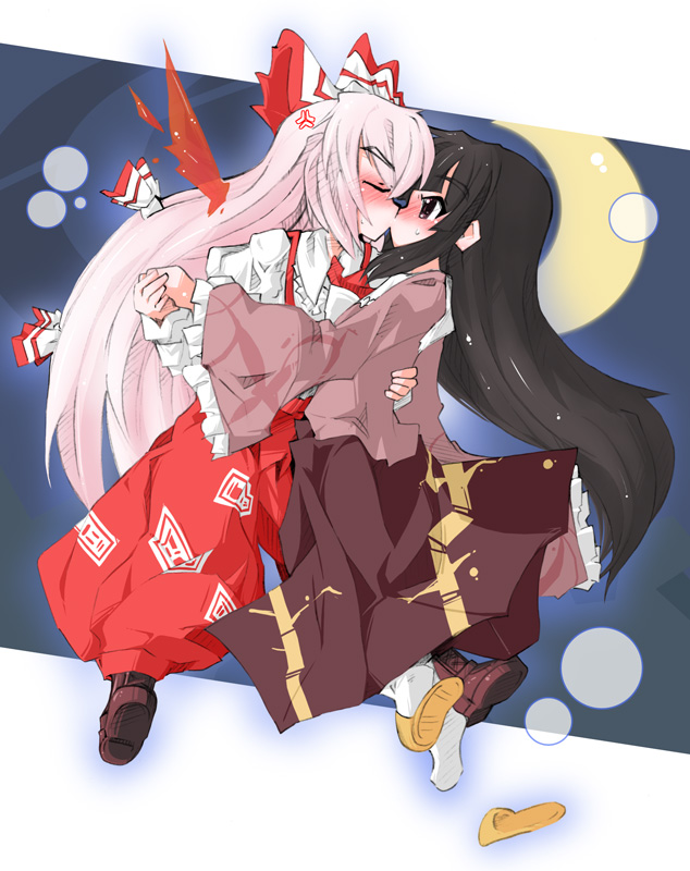 akihara_nakuru, black_hair, blush, duplicate, fujiwara_no_mokou, houraisan_kaguya, kiss, long_hair