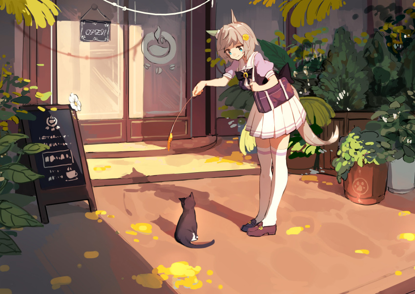 1girl, animal_ears, blue_eyes, brown_hair, cat, cat_teaser, door, full_body