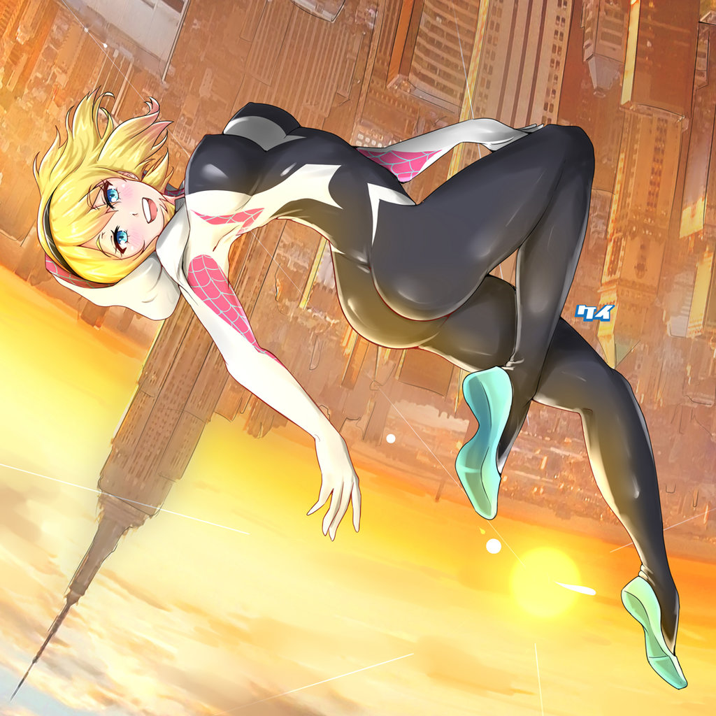 1girl, blonde_hair, blue_eyes, bodysuit, breasts, gwen_stacy, hairband, heroine