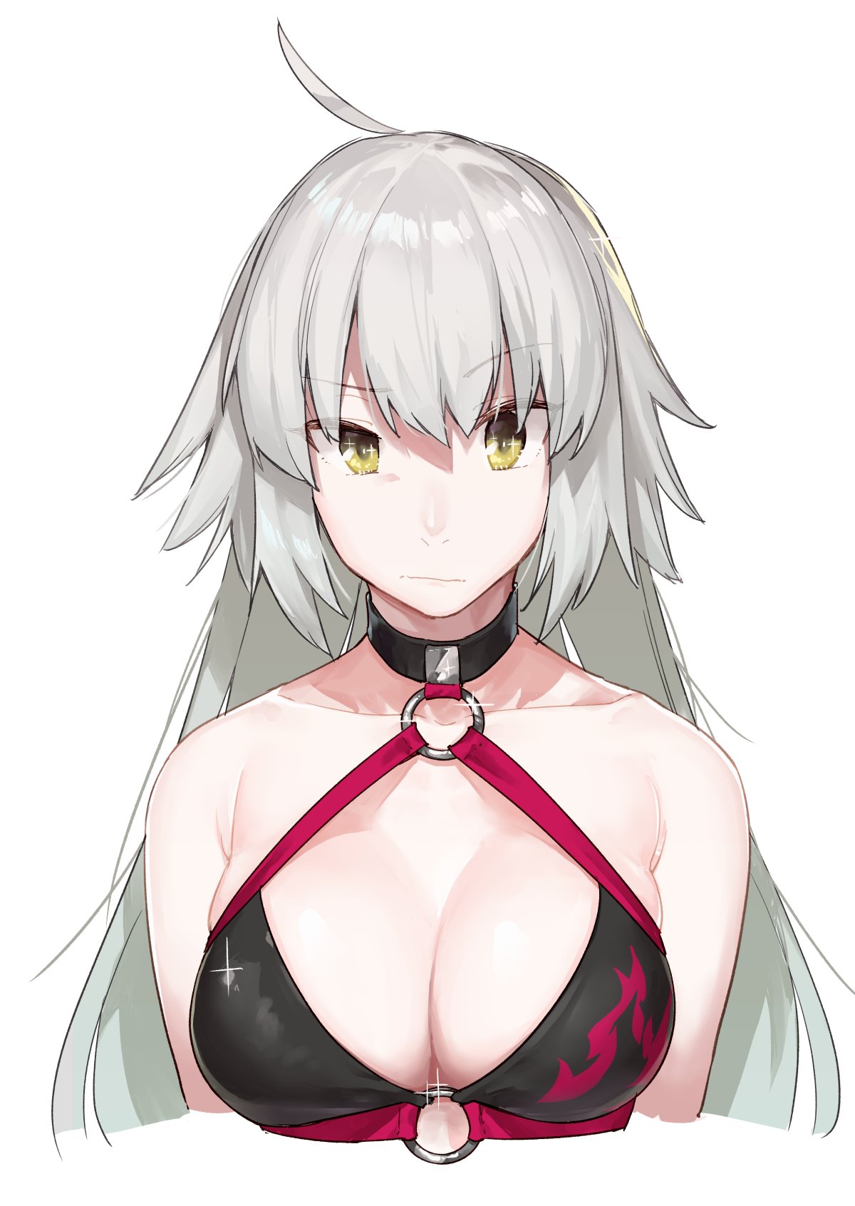1girl, ahoge, bare_shoulders, bikini, black_bikini, breasts, closed_mouth, collar