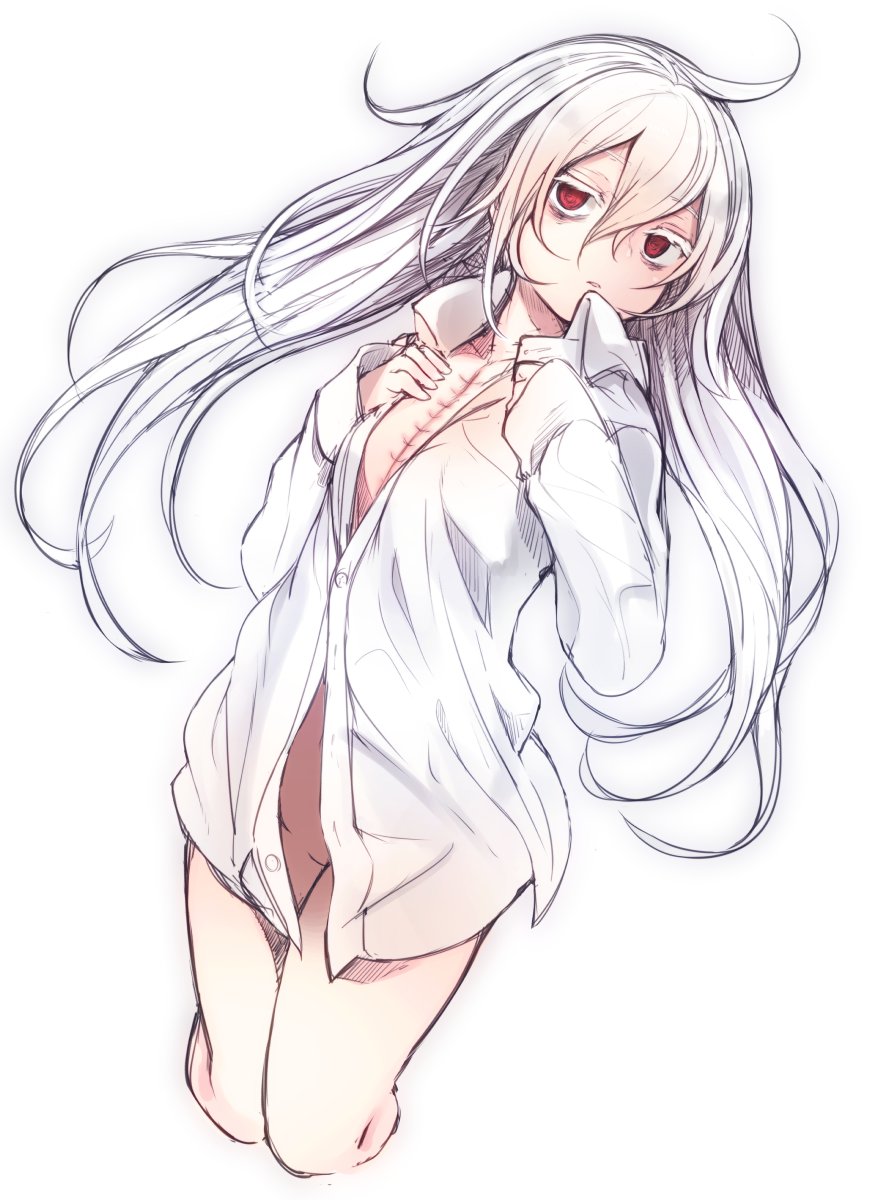 1girl, bags_under_eyes, collared_shirt, commentary_request, cropped_legs, hair_between_eyes, highres, long_hair, long_sleeves, looking_at_viewer, naked_shirt, open_clothes, open_shirt, original, parted_lips, red_eyes, scar, shirt, simple_background, solo, surgical_scar, tsunekichi, white_background, white_hair, white_shirt, wing_collar