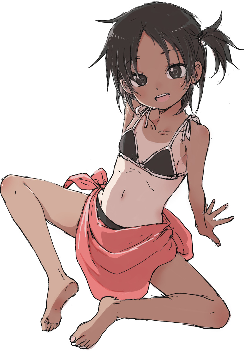 1girl, absurdres, arm_support, bare_arms, bare_legs, bare_shoulders, barefoot, bikini, black_bikini, black_eyes, black_hair, commentary_request, fingernails, flat_chest, highres, leaning_back, looking_at_viewer, navel, one_side_up, original, sarong, simple_background, smile, solo, spread_legs, swimsuit, swimsuit_tan, tan, tanline, toenails, white_background, yamamoto_souichirou