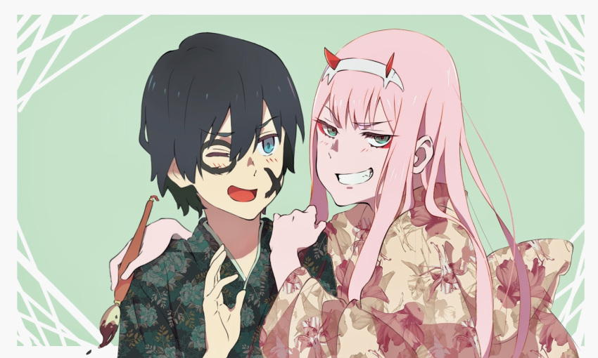 1boy, 1girl, bangs, beige_kimono, black_hair, blue_eyes, blush, commentary, couple, darling_in_the_franxx, eyebrows_visible_through_hair, face_painting, facepaint, fang, floral_background, green_eyes, green_shirt, hair_ornament, hairband, hand_up, hands_on_another's_shoulder, hawaiian_shirt, hetero, hiro_(darling_in_the_franxx), holding, holding_brush, horns, japanese_clothes, kimono, long_hair, long_sleeves, looking_at_another, looking_at_viewer, one_eye_closed, oni_horns, paint_on_face, pink_hair, red_horns, shirt, short_hair, white_hairband, wide_sleeves, yukata, zero_two_(darling_in_the_franxx), zzl