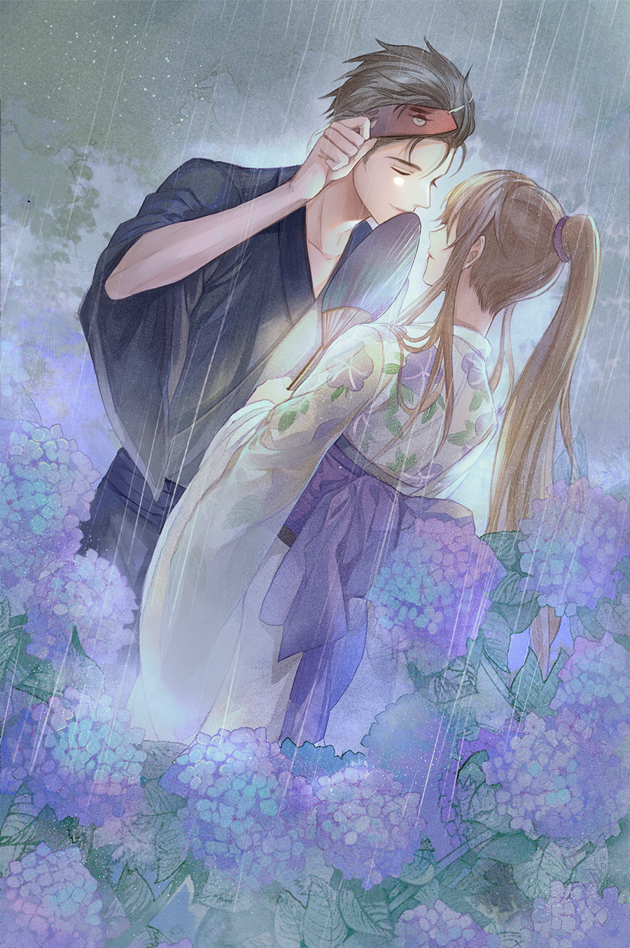 2boys, banba_zenji, blonde_hair, brown_hair, closed_eyes, facing_another, fan, floral_print, flower, hakata_tonkotsu_ramens, hand_up, highres, imminent_kiss, japanese_clothes, kimono, long_hair, mask, mask_removed, multiple_boys, niwaka_samurai, outdoors, paper_fan, ponytail, rain, standing, wide_sleeves, xianming_lin, yinzinmiemie