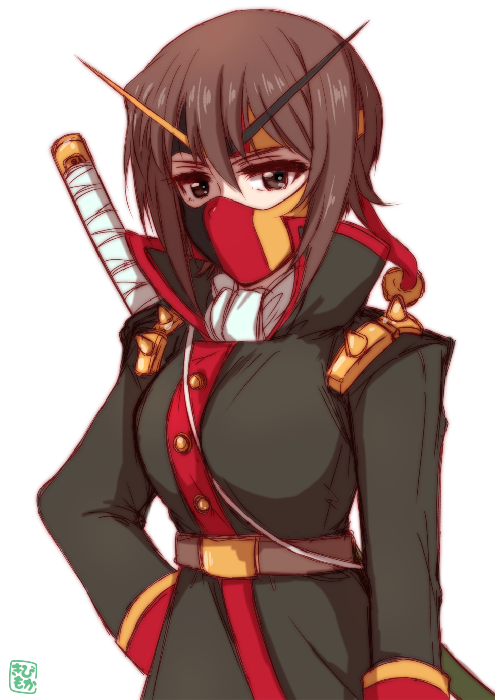 1girl, belt, brown_eyes, brown_hair, cosplay, g_gundam, girls_und_panzer, gundam