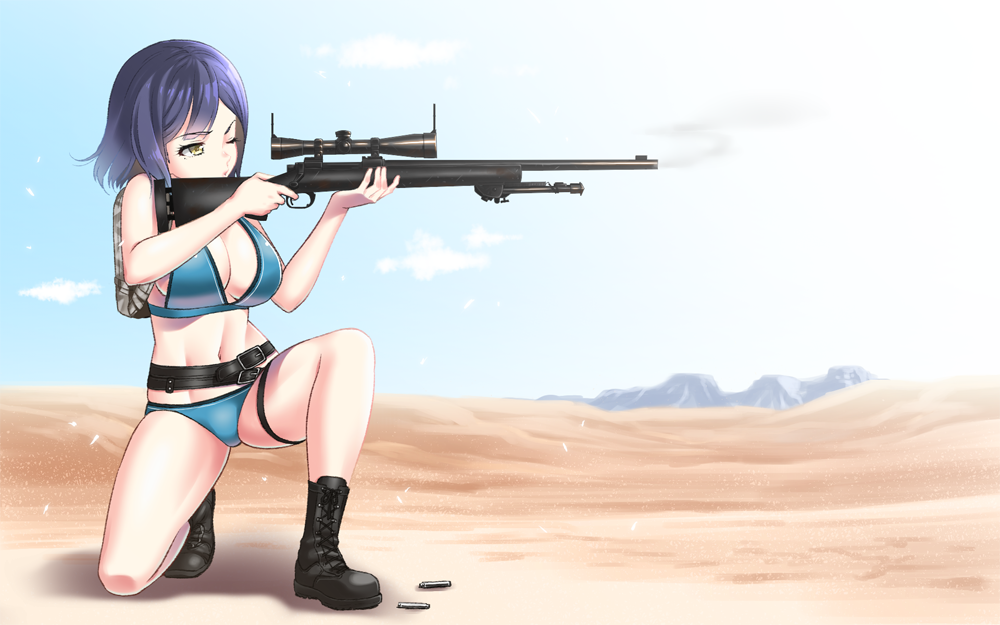 1girl, aiming, backpack, bag, bangs, bare_legs, bare_shoulders, bikini