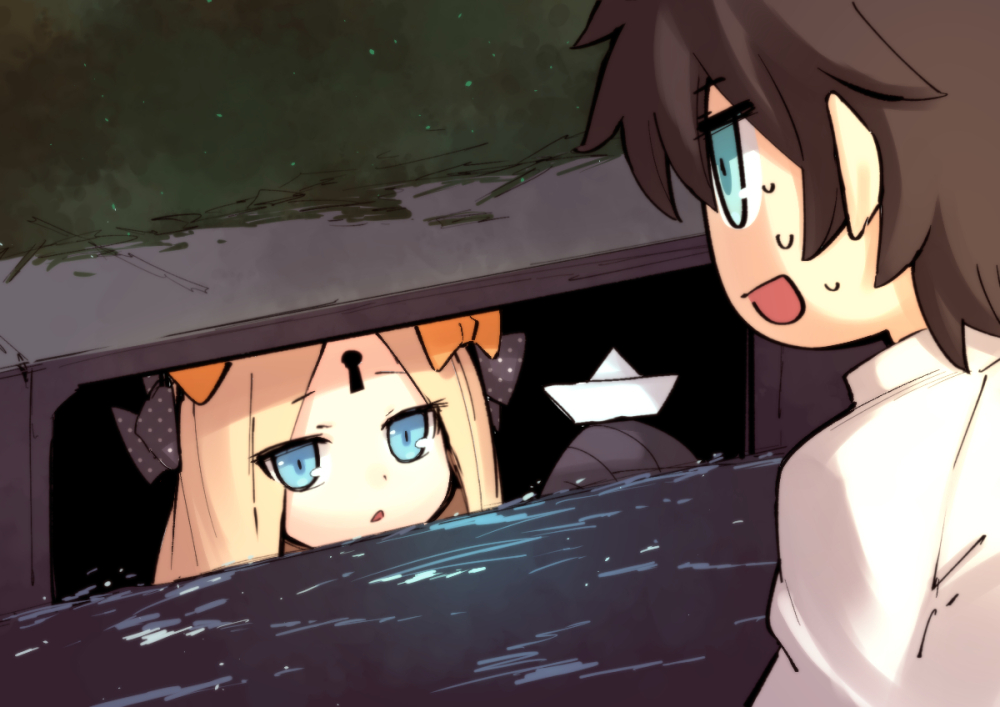 1boy, 1girl, abigail_williams_(fate/grand_order), alphy, bangs, black_bow, blonde_hair, blue_eyes