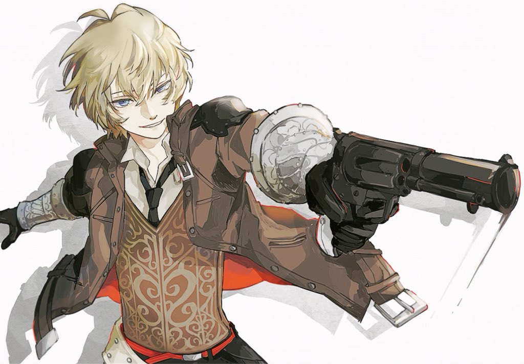 1boy, aiming, billy_the_kid_(fate/grand_order), blonde_hair, blue_eyes, bracer, drawing_gun, fate/grand_order