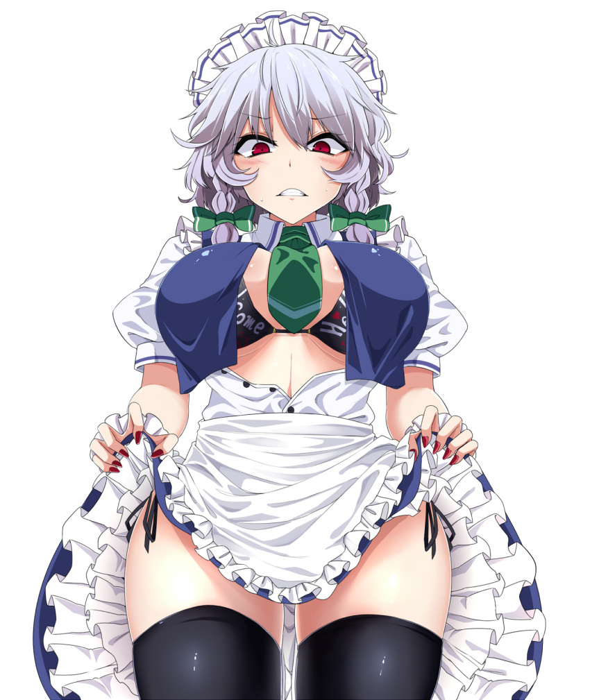 1girl, apron, bangs, black_bra, black_legwear, black_panties, blue_skirt, blue_vest