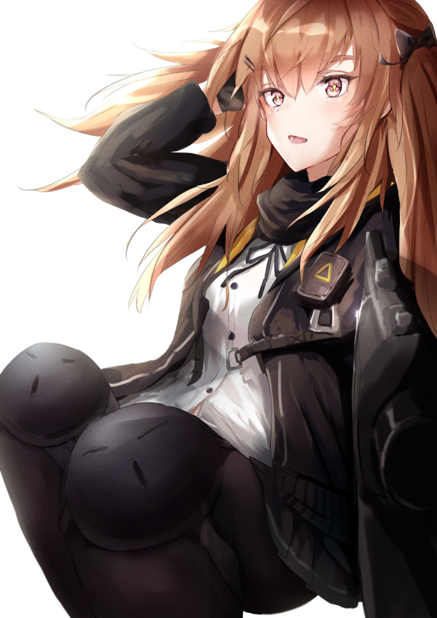 black_jacket, black_neckwear, black_ribbon, black_skirt, brown_hair, commentary_request, elbow_pads, fingerless_gloves