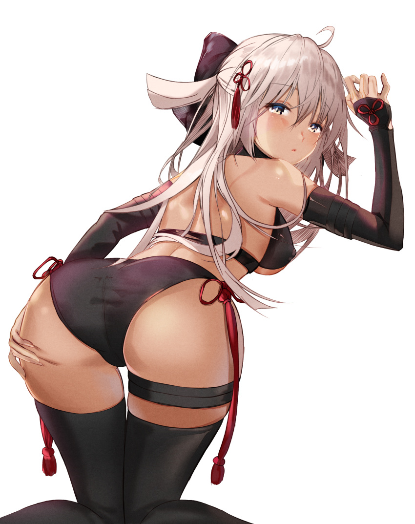 1girl, :o, absurdres, ahoge, ass, bikini, black_bikini, black_bow