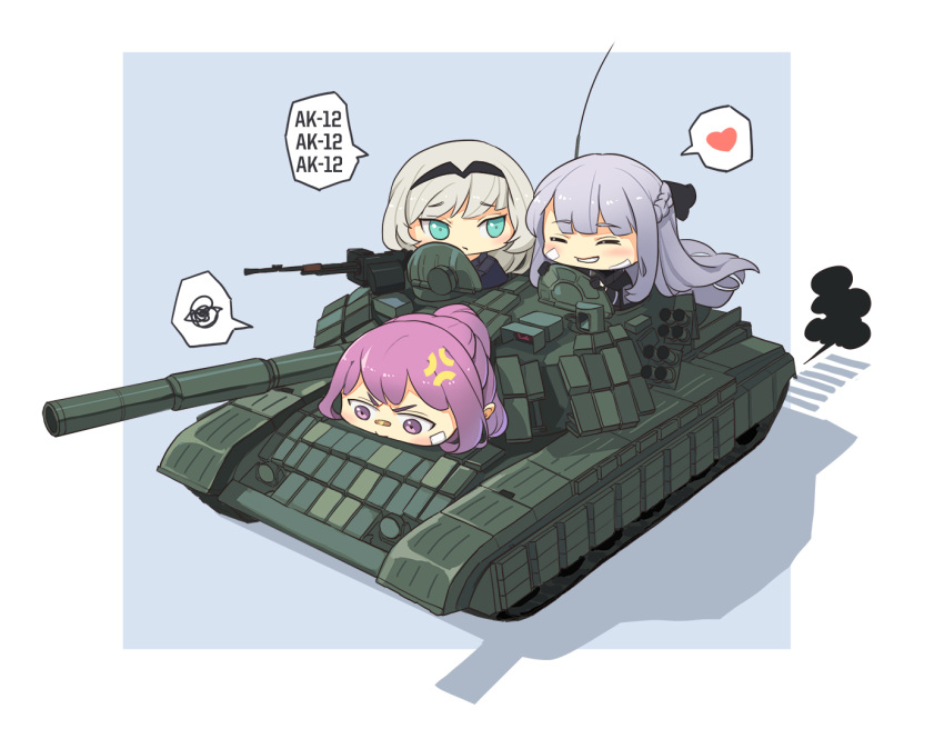 3girls, ahoge, ak-12_(girls_frontline), an-94_(girls_frontline), anger_vein, chibi, girls_frontline, green_eyes