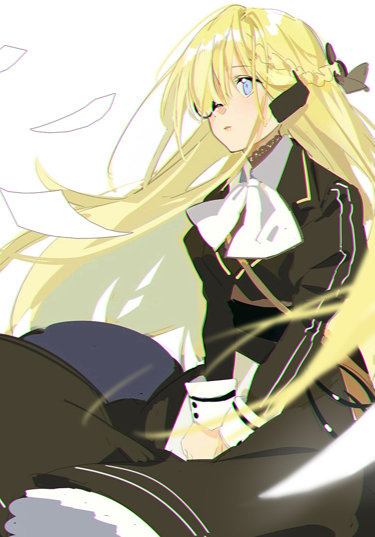1girl, bangs, black_ribbon, blonde_hair, blue_eyes, braid, brown_dress, commentary_request, cz52_(girls_frontline), dress, eyebrows_visible_through_hair, girls_frontline, hair_over_one_eye, hair_ribbon, juliet_sleeves, long_sleeves, looking_away, monocle, puffy_sleeves, ribbon, simple_background, solo, v_arms, white_background, xiao_chichi