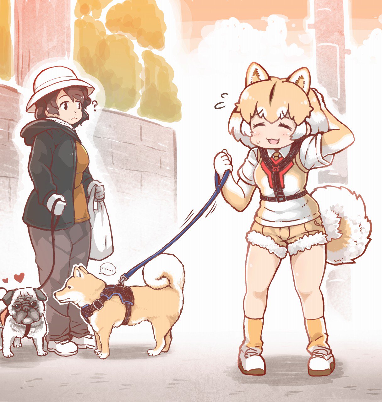 ..., 2girls, ?, animal_ears, black_hair, blush, bucket_hat, coat, collared_shirt, commentary_request, dog, dog_(kemono_friends), dog_ears, dog_tail, elbow_gloves, eyebrows_visible_through_hair, flying_sweatdrops, fur_trim, gloves, hand_in_hair, harness, hat, heart, highres, hood, hood_down, kemono_friends, leash, light_brown_hair, long_sleeves, mojibake_commentary, multicolored_hair, multiple_girls, necktie, original, pants, partial_commentary, pug, shiba_inu, shirt, shoes, short_hair, short_sleeves, shorts, sneakers, socks, spoken_ellipsis, sweatdrop, t-shirt, tail, tanaka_kusao, white_hair