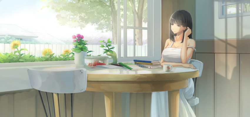 1girl, book_stack, breasts, chair, cleavage, cup, day, dress