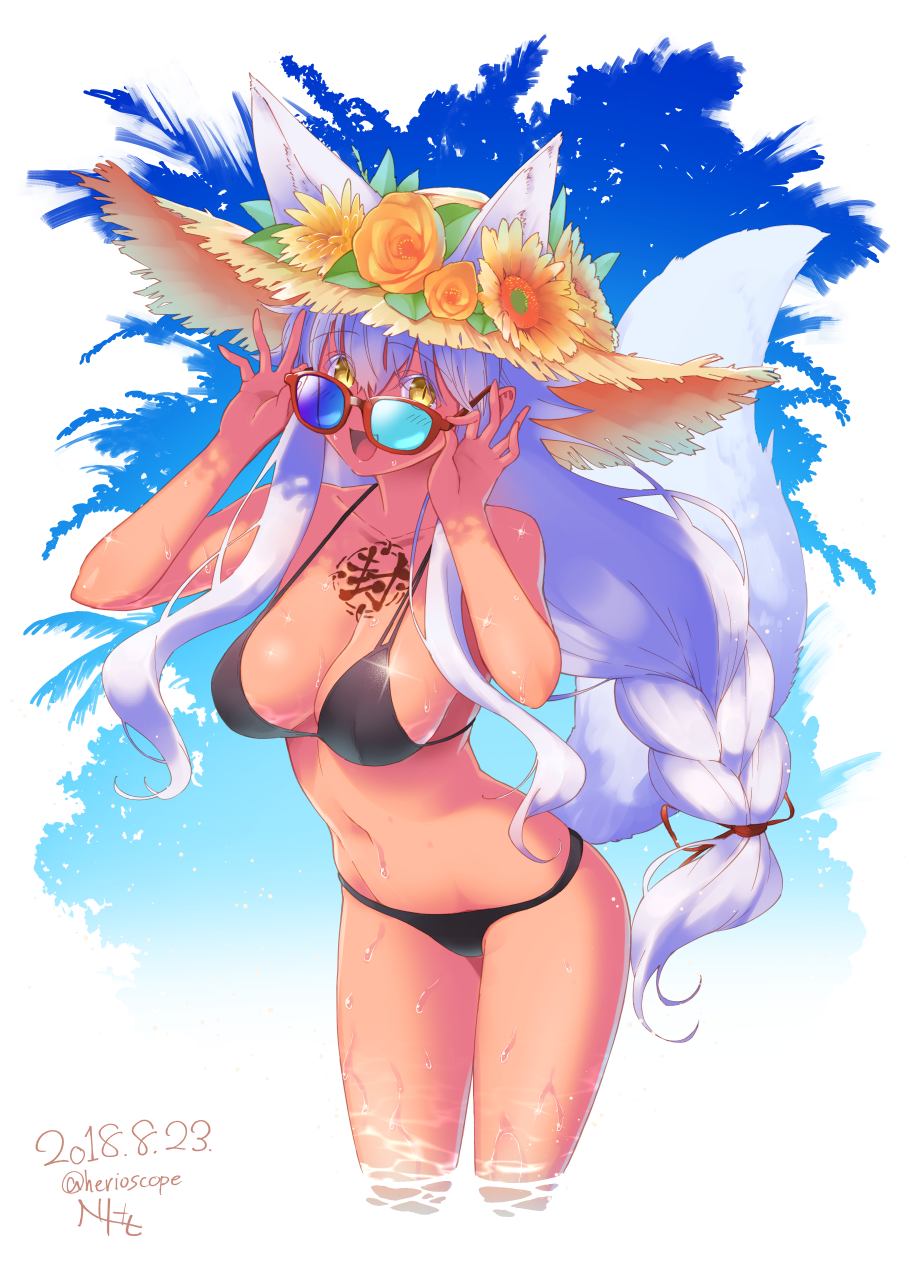 1girl, :d, adjusting_eyewear, animal_ears, arms_up, bare_shoulders, bikini, black_bikini, blue-tinted_eyewear, blue_background, blush, braid, breasts, chest_tattoo, cleavage, collarbone, colored_eyelashes, commentary_request, cowboy_shot, dated, ears_through_headwear, flower, fox_ears, fox_girl, fox_tail, gradient, gradient_background, hair_ribbon, hat, hat_flower, heriwo_(haraheridou), highres, large_breasts, leaning_forward, long_hair, navel, open_mouth, orange_flower, orange_rose, original, red-framed_eyewear, red_ribbon, ribbon, rose, sidelocks, signature, single_braid, slit_pupils, smile, solo, sparkle, straw_hat, string_bikini, sunglasses, swimsuit, tail, tattoo, thighs, twitter_username, very_long_hair, wading, water, water_drop, wet, yellow_eyes