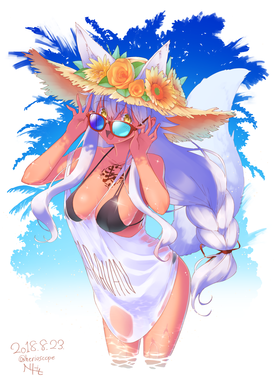1girl, :d, adjusting_eyewear, animal_ears, arms_up, bare_shoulders, between_breasts, bikini, black_bikini, blue-tinted_eyewear, blue_background, blush, braid, breasts, chest_tattoo, cleavage, clothes_writing, collarbone, colored_eyelashes, cowboy_shot, dated, ears_through_headwear, flower, fox_ears, fox_girl, fox_tail, gradient, gradient_background, hair_ribbon, hat, hat_flower, heriwo_(haraheridou), highres, large_breasts, leaning_forward, long_hair, open_mouth, orange_flower, orange_rose, original, red-framed_eyewear, red_ribbon, ribbon, rose, see-through, shirt, sidelocks, signature, single_braid, sleeveless, sleeveless_shirt, slit_pupils, smile, solo, sparkle, strap_slip, straw_hat, string_bikini, sunglasses, swimsuit, tail, tattoo, thighs, twitter_username, very_long_hair, wading, water, water_drop, wet, white_shirt, yellow_eyes