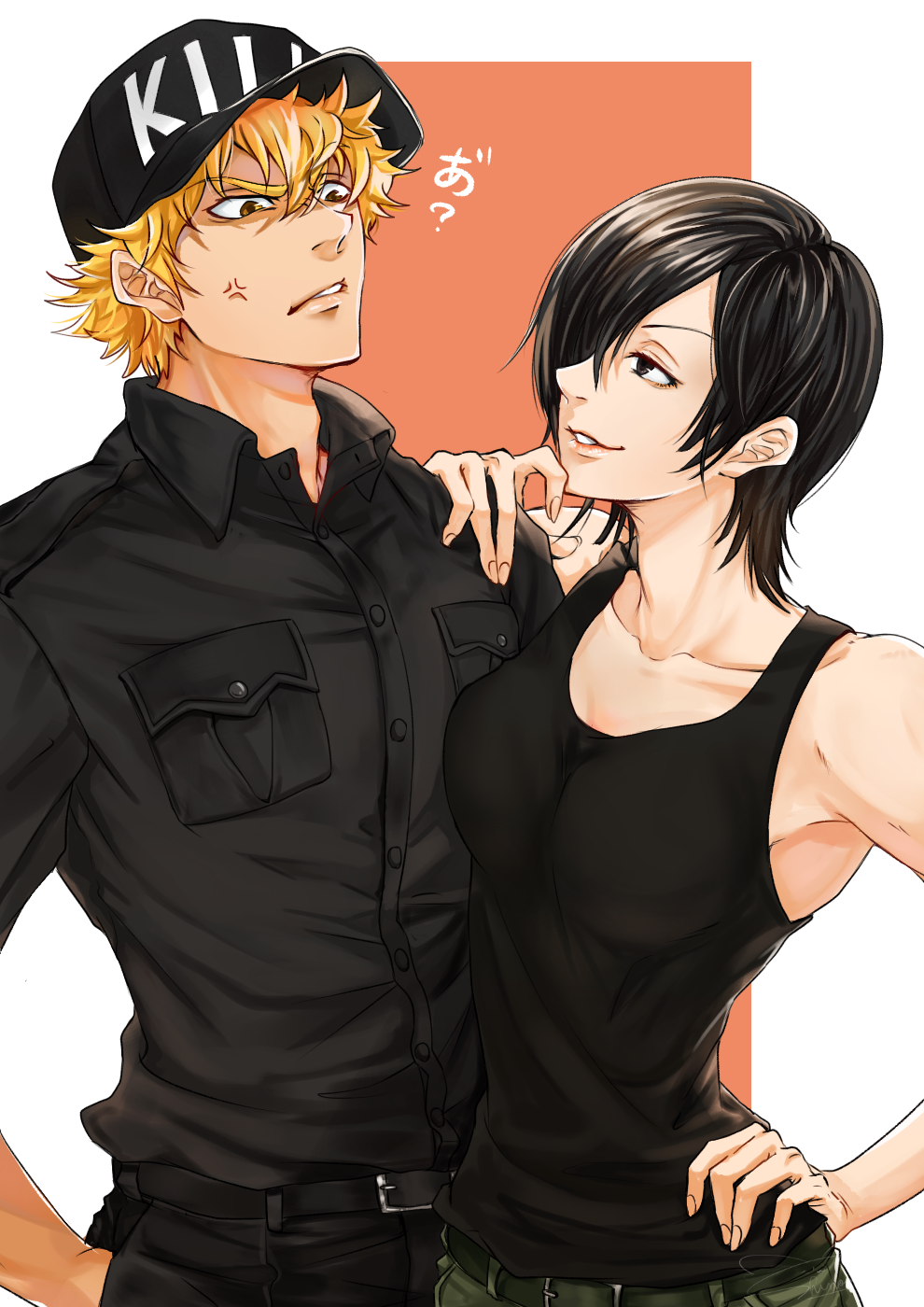 1boy, 1girl, anger_vein, arm_on_shoulder, armpits, bare_shoulders, baseball_cap, belt