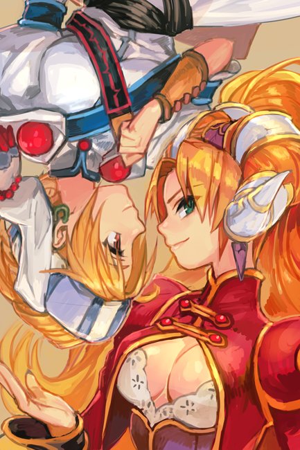 2girls, blonde_hair, breasts, cleavage, earrings, elena_(grandia), eyebrows_visible_through_hair, grandia, grandia_ii, green_eyes, hankuri, head_scarf, jewelry, long_hair, long_sleeves, looking_at_another, looking_at_viewer, looking_to_the_side, medium_breasts, millenia_(grandia), multiple_girls, orange_eyes, puffy_short_sleeves, puffy_sleeves, short_sleeves, sidelocks, smile, upper_body