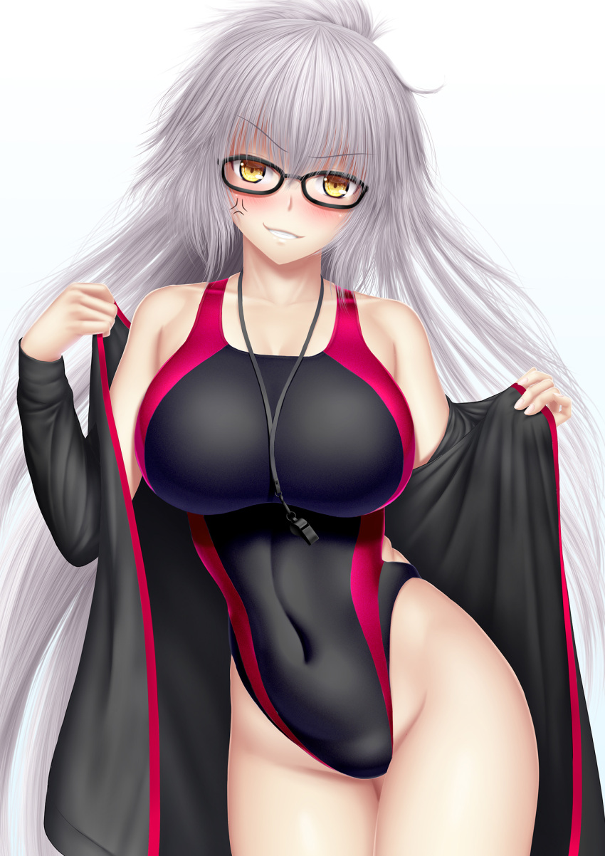 1girl, anger_vein, bespectacled, black-framed_eyewear, black_jacket, black_swimsuit, blush, breasts