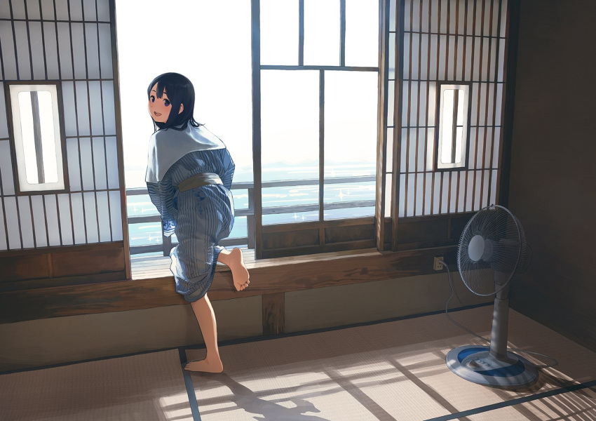 1girl, barefoot, bath_yukata, black_hair, blue_eyes, cable, electric_fan, indoors