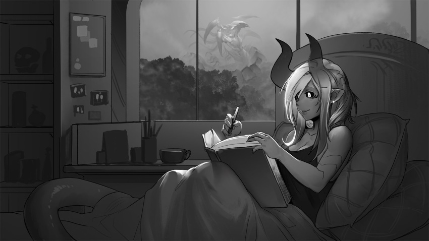 1girl, bare_arms, bare_shoulders, bed, bed_frame, bed_sheet, black_sclera, book