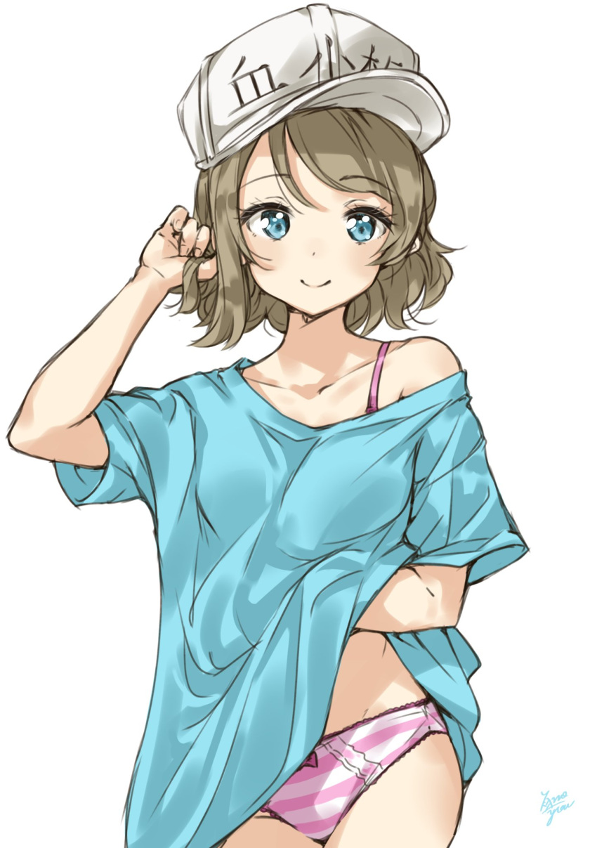 1girl, blue_eyes, blue_shirt, bow, bow_panties, bra_strap, brown_hair, commentary_request