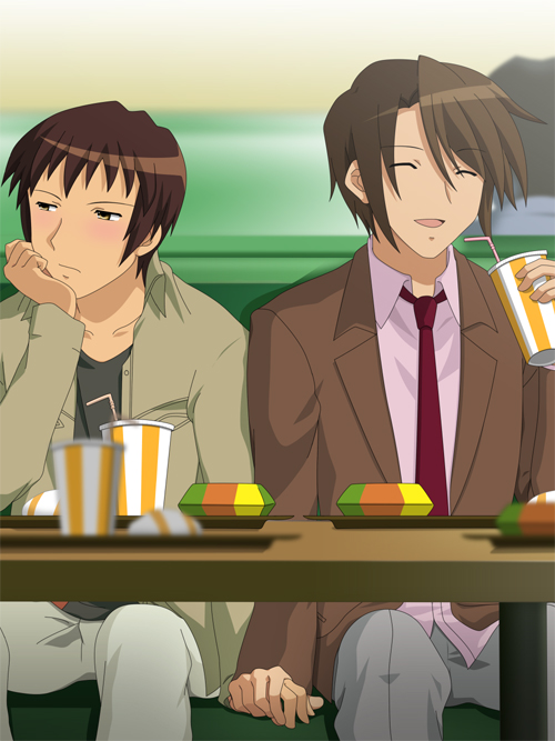 blush, brown_hair, couple, depth_of_field, fast_food, fastfood, food, hand_holding