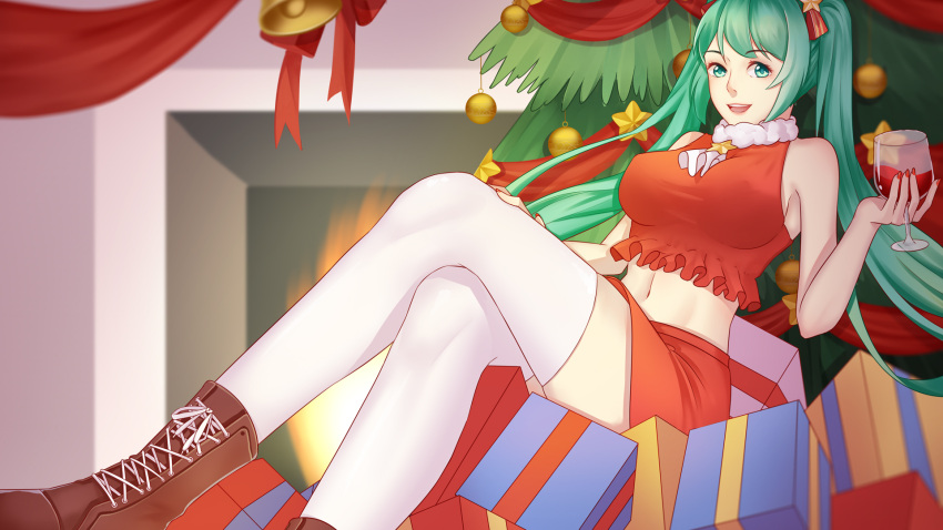 ang_(6107939), aqua_eyes, aqua_hair, bell, boots, breasts, christmas, christmas_ornaments