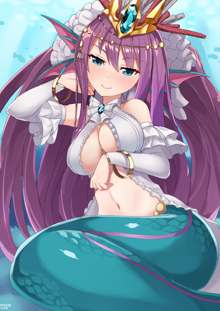 1girl, absurdres, animal_ears, bare_shoulders, big_hair, blue_background, blue_eyes, blush