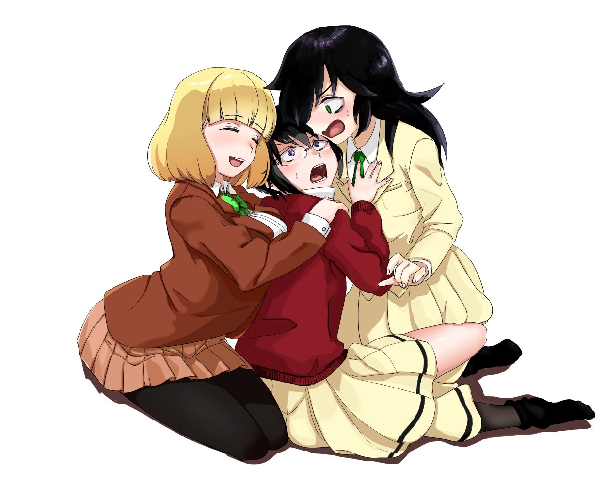 3girls, black_hair, blonde_hair, blush, girl_sandwich, glasses, green_eyes, komiyama_kotomi