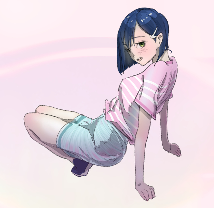 1girl, arm_support, blush, bob_cut, darling_in_the_franxx, from_behind, green_eyes, hair_ornament, hairclip, highres, ichigo_(darling_in_the_franxx), leaning_back, looking_back, mikuchi_sunkuo, nape, open_mouth, short_hair, simple_background, skirt, solo