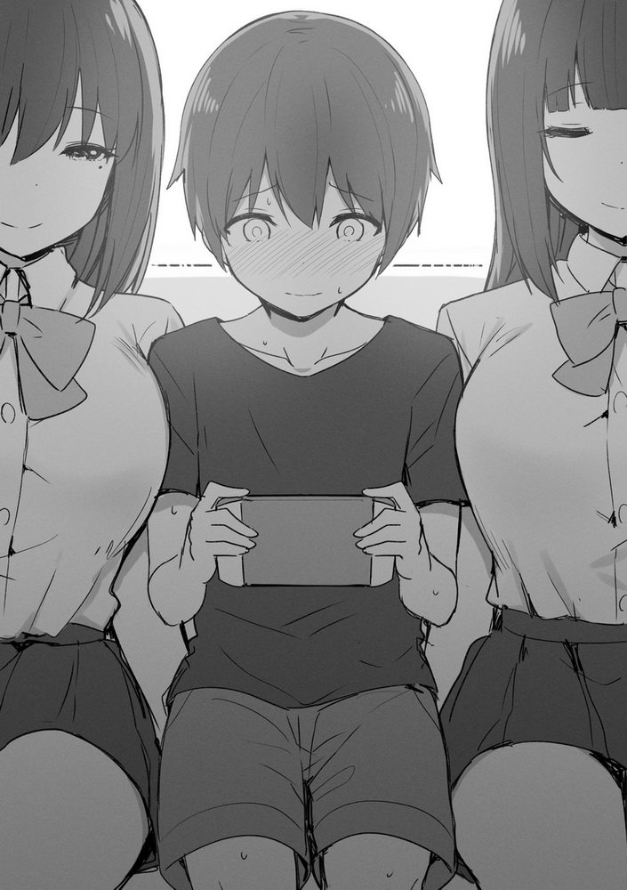 1boy, 2girls, age_difference, bangs, black_hair, blank_stare, blunt_bangs, blush