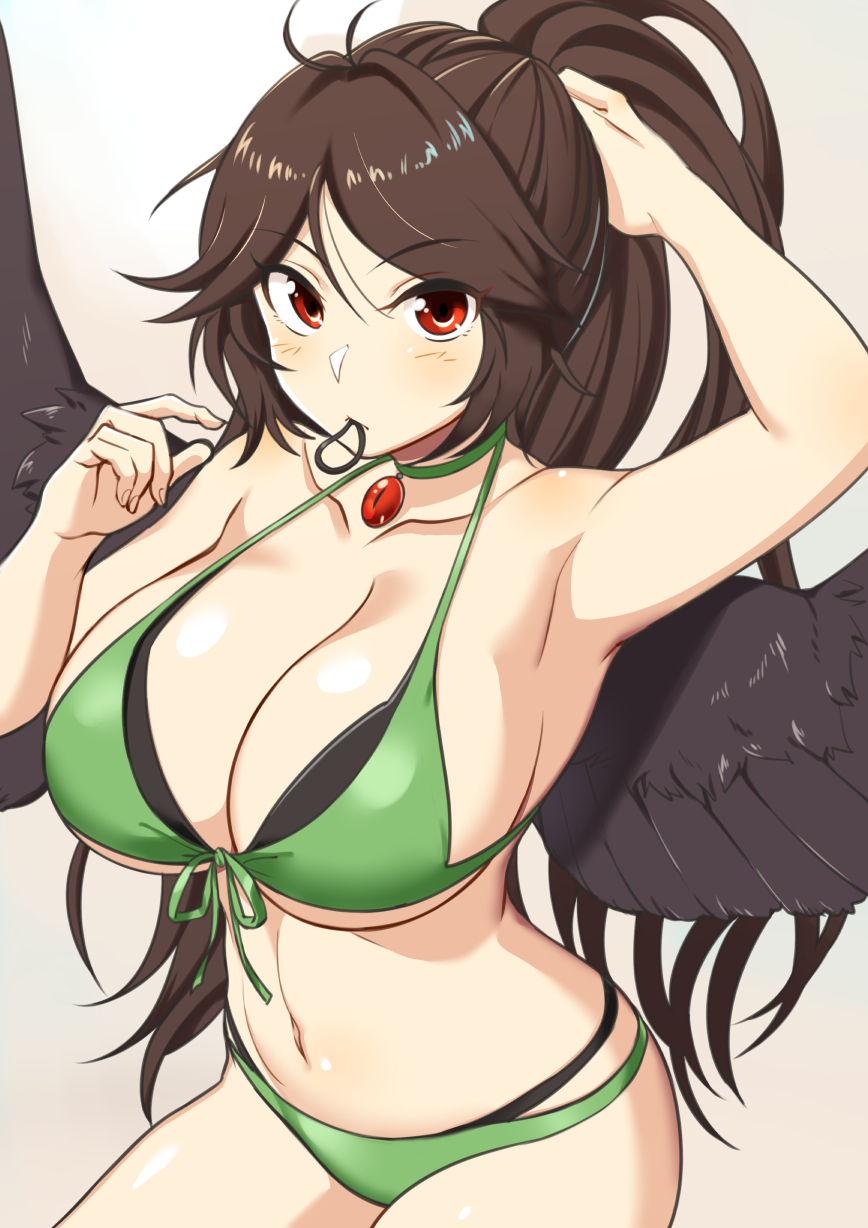 1girl, antenna_hair, arm_up, armpits, bare_arms, bare_shoulders, bikini, bird_wings