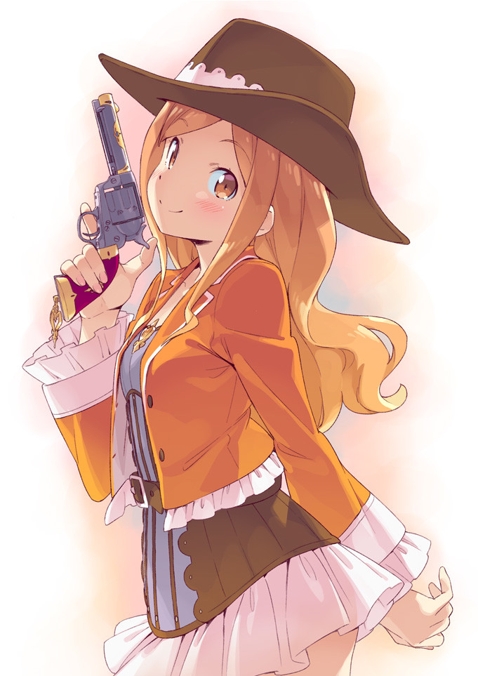 1girl, belt, belt_buckle, blush, breasts, buckle, commentary_request, cowboy_hat