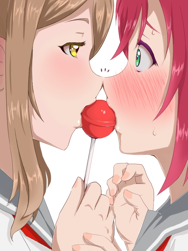 2girls, blush, brown_hair, candy, commentary_request, face-to-face, food, green_eyes