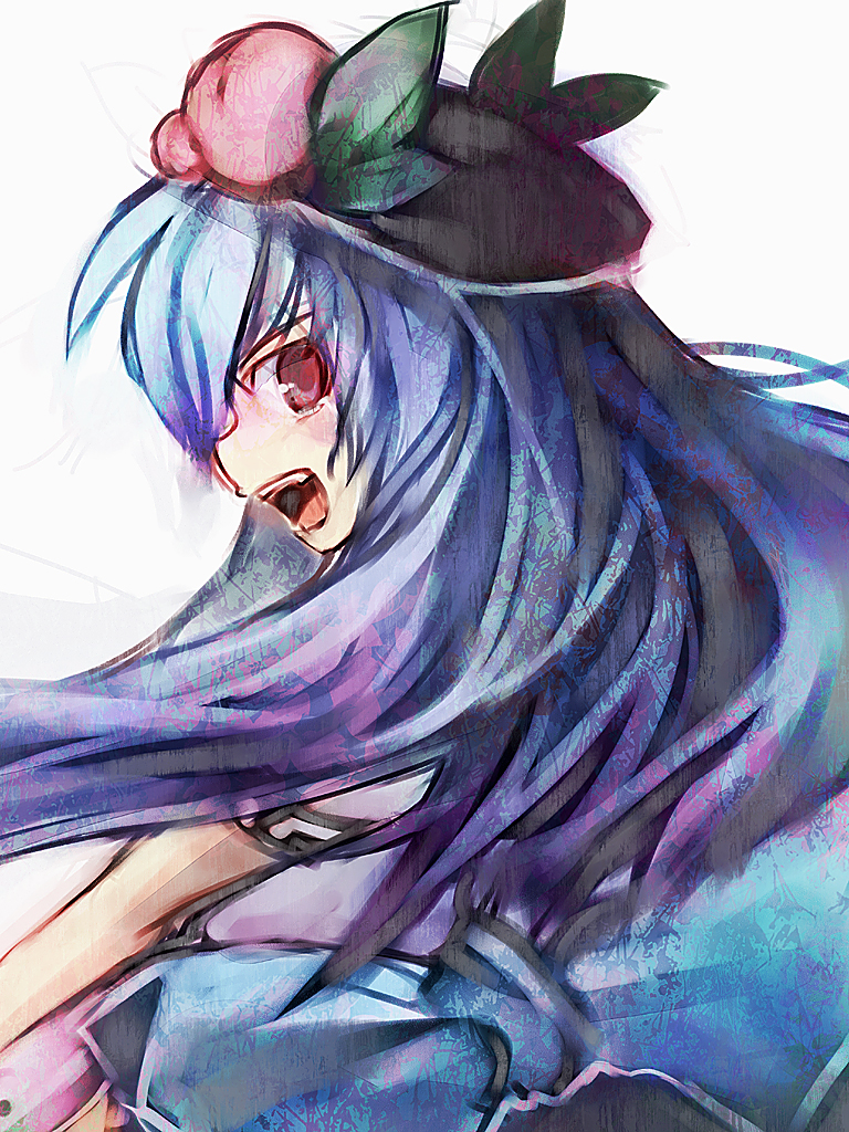 fruit, hat, hinanawi_tenshi, long_hair, peach, peaches, touhou, ukyo_rst