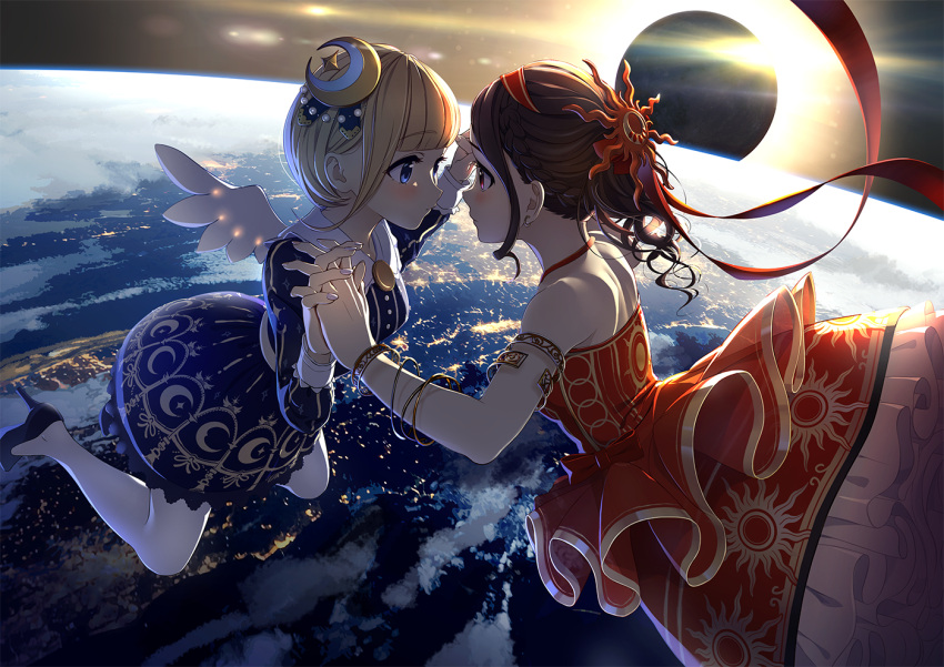 2girls, alc_(ex2_lv), angel_wings, bangs, bare_shoulders, black_footwear, black_hair, blonde_hair