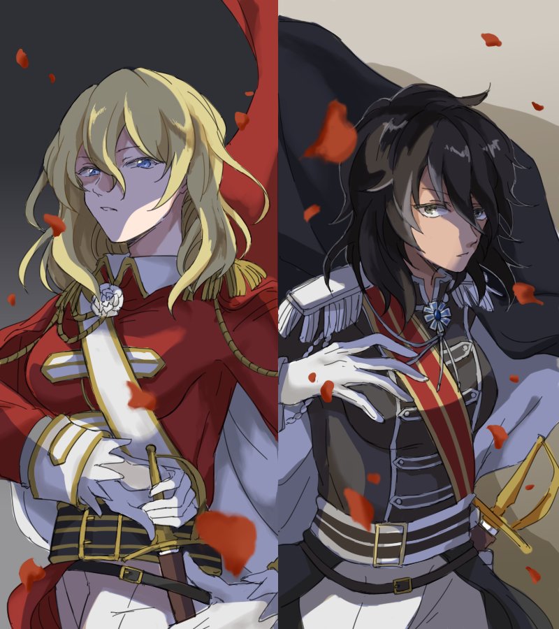 2girls, aiguillette, alpachiiino, andou_(girls_und_panzer), andre_grandier, andre_grandier_(cosplay), bangs, black_belt