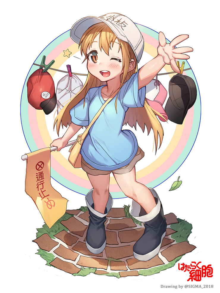 1girl, bag, black_footwear, blue_shirt, blush, brown_eyes, brown_hair, character_name