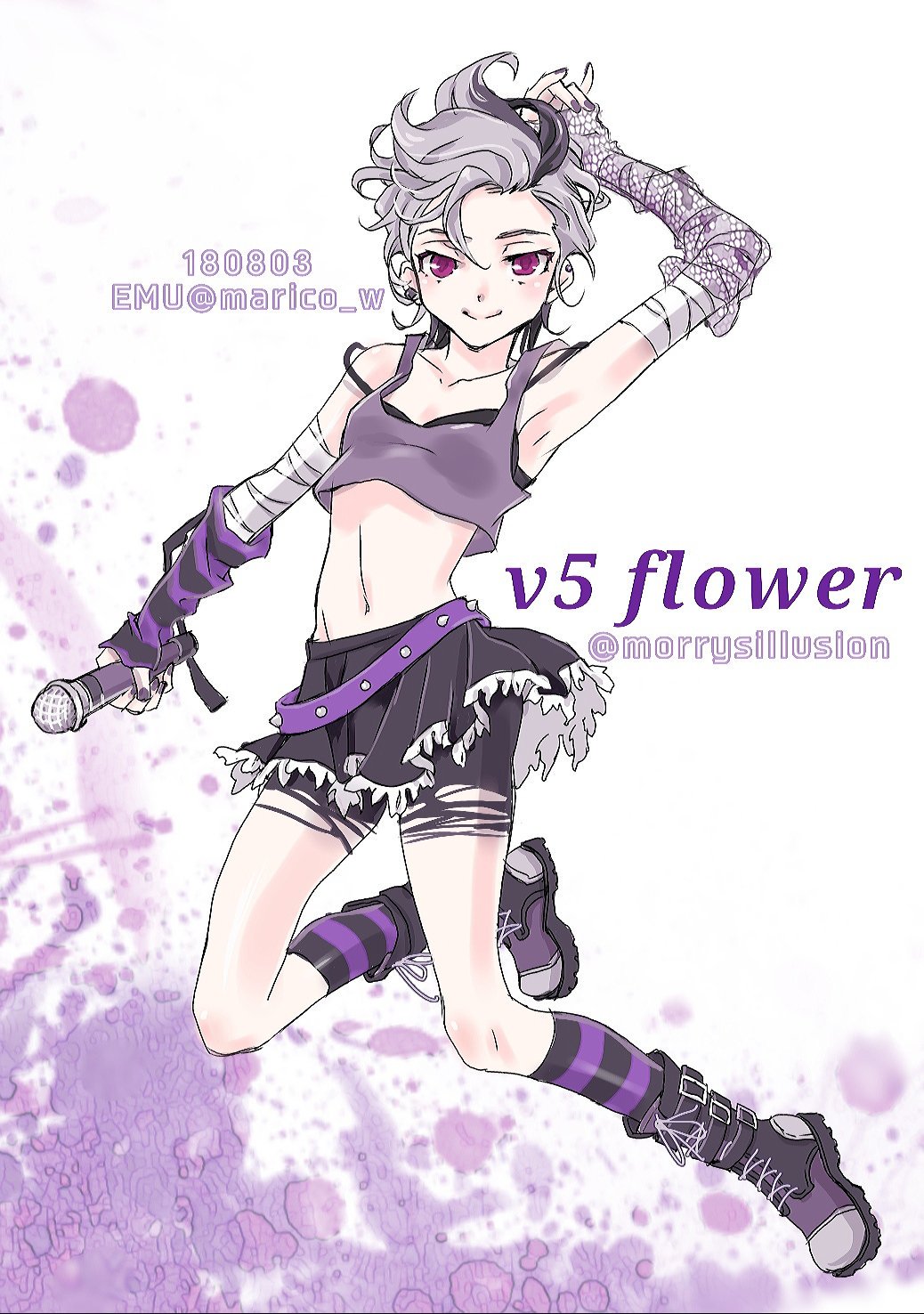 1girl, asymmetrical_gloves, bandage, belt, bike_shorts, black_skirt, borrowed_design, commentary